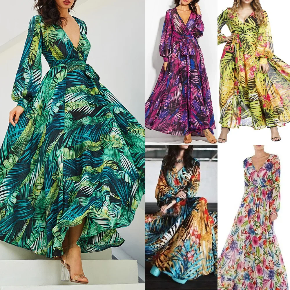 Лето 2024 новое трансграничное европейское платье Amazon с рукавами-фонариками