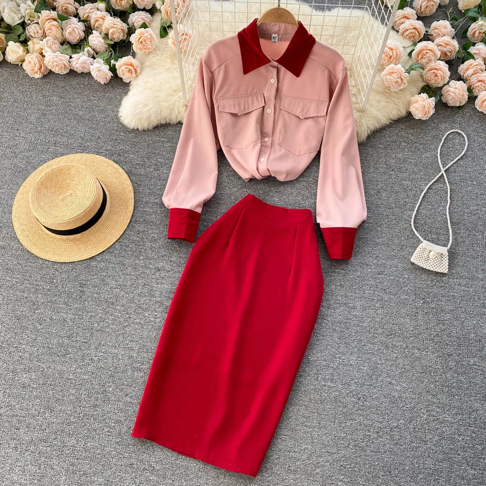 

Women's New Spring Fashion Lapel Loose Long Sleeve Shirt High Waist Slim Bodycon Pencil Skirt Two-piece Office Work Sets