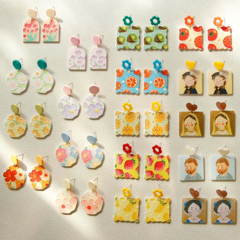 

Fashion Unique Boho Geometric Sweet Drop Earrings Women Cute Flower Acrylic Painting Relief Fruit Figure Oil Printing Jewelry