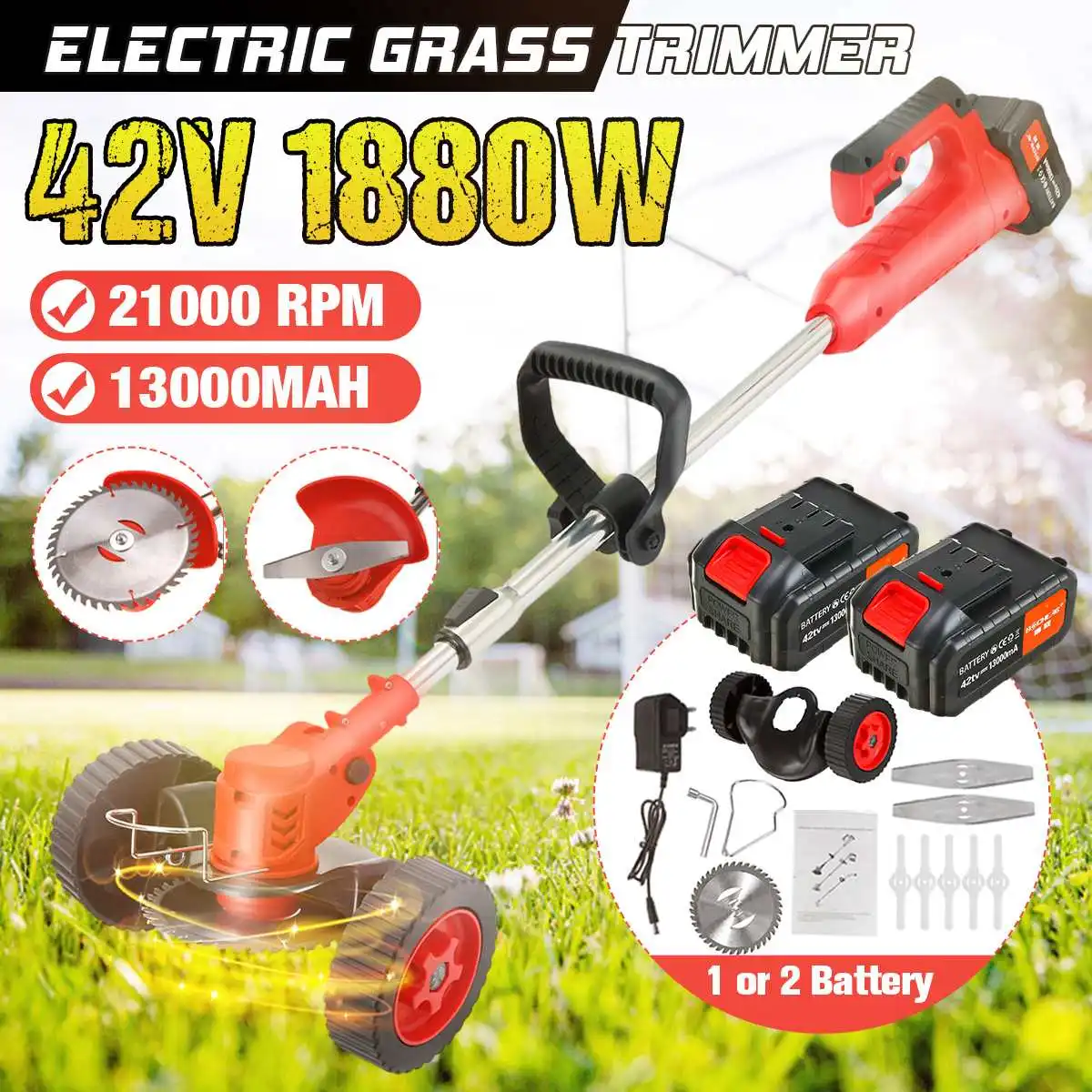 1880W 42V Electric Cordless Grass Trimmer 13000mAh Lawn Mower Hedge Trimmer Adjustable Handheld Garden Pruning Power Tools