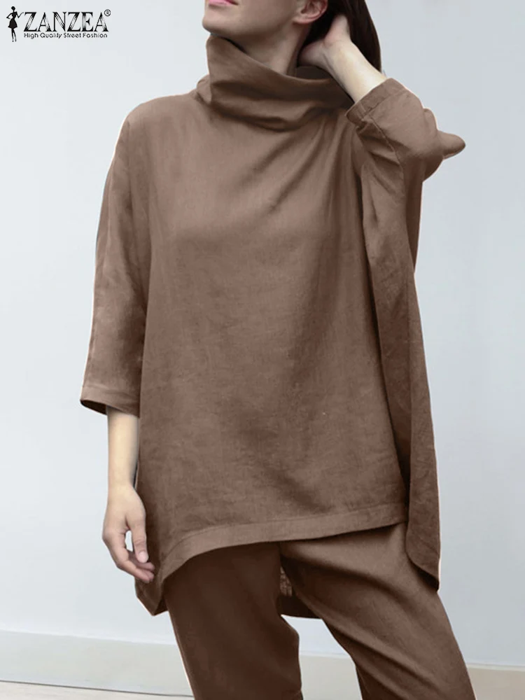 

Side Pocket Cotton Work Loose Female Pant ZANZEA 2022 Women Spring Holiday Elegant Suit 2PCS Long Sleeve Turtleneck Solid Blouse