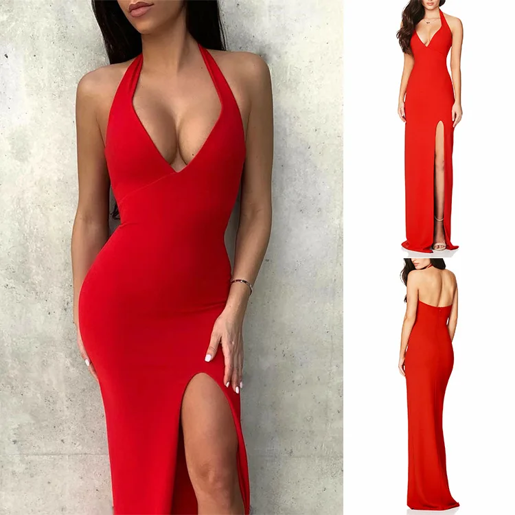 

2023 Summer Sexy Low cut Neck Sling Waist Bag Hip Side Split Long Dress