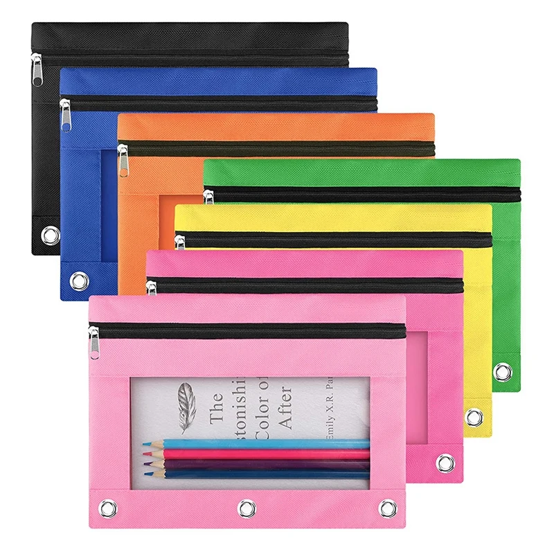 

Pencil Pouch 3 Ring Binder, 7 Pack 7 Color Zipper Pencil Pouch Pencil Case Bag With Double Pocket