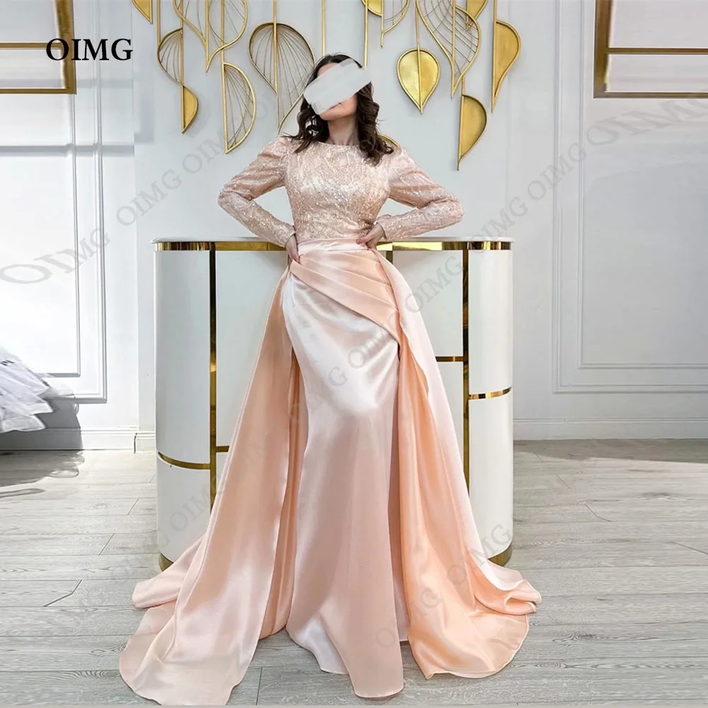 

OIMG 2023 Elegant Sparkly Dubai Charming Lady O Neck Shiny Long Sleeves Mermaid Long Formal Occasion Party Dresses Plus Size