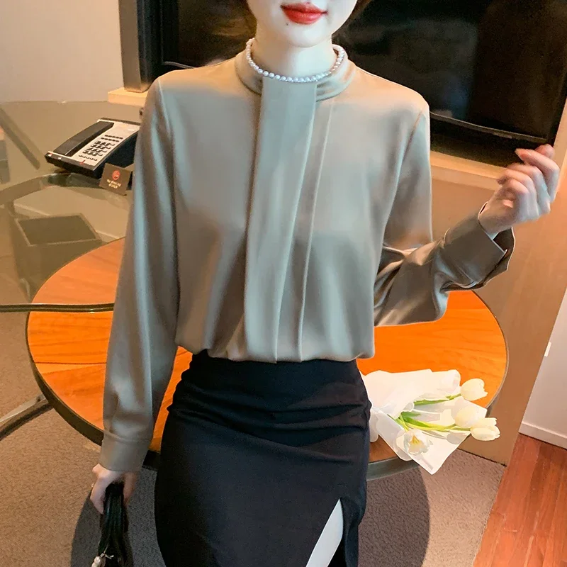 Новая модная шифоновая блузка с длинным рукавом и круглым вырезом рубашка