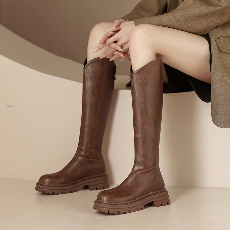 

Женские сапоги на молнии ENMAYLA, в стиле ретро, с круглым носком, сапоги до колена, на платформе, черные, коричневые туфли и сумки, новинка 2023