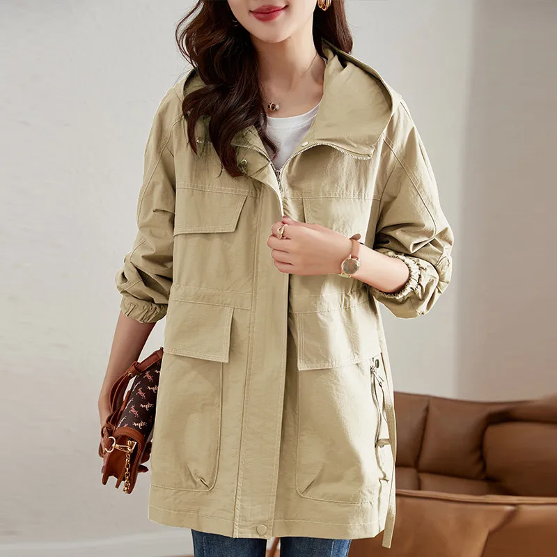 

Spring Autumn Women Thin Tooling Trench Coat Casual Hooded Zipper Mid-Length Windbreaker Female Overcoat Loose Outerwear H2916