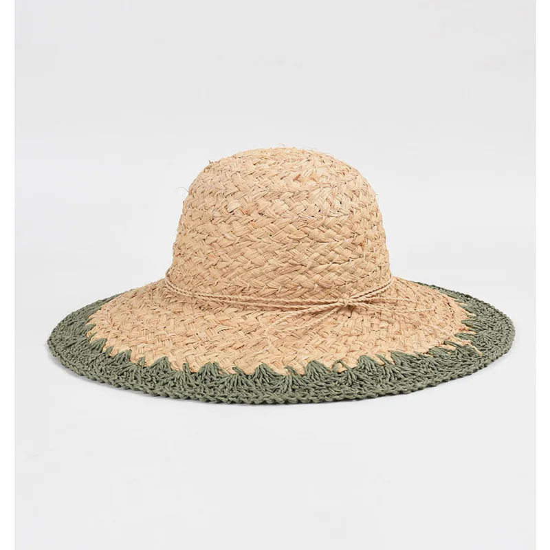 New Wide Brim Summer Hat for Women Flat Top Color Stitching Straw Hat Unisex Sun Hat Beach Hat Sun Protection Kentucky Derby Hat