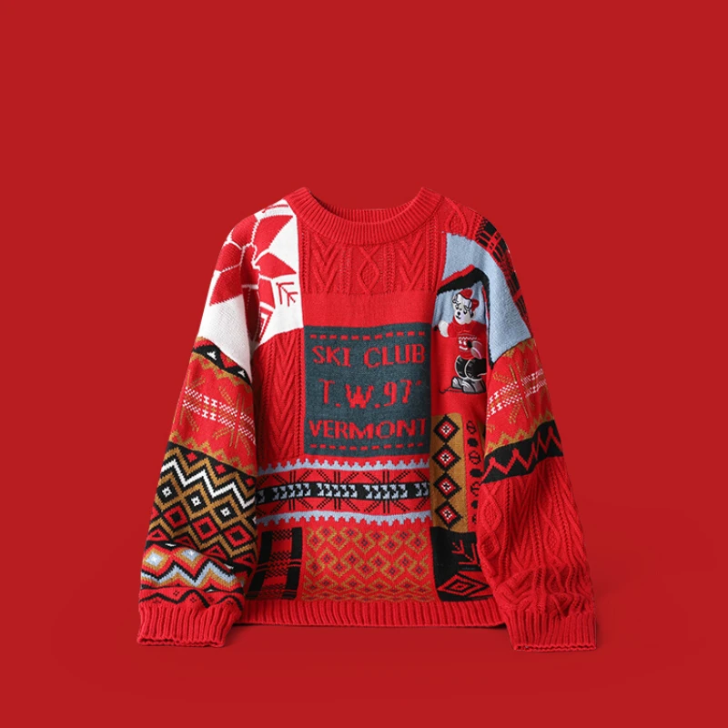 Design round Neck Loose Couple's Red Embroidery Knitted Christmas Sweater christmas sweater  knitted sweater