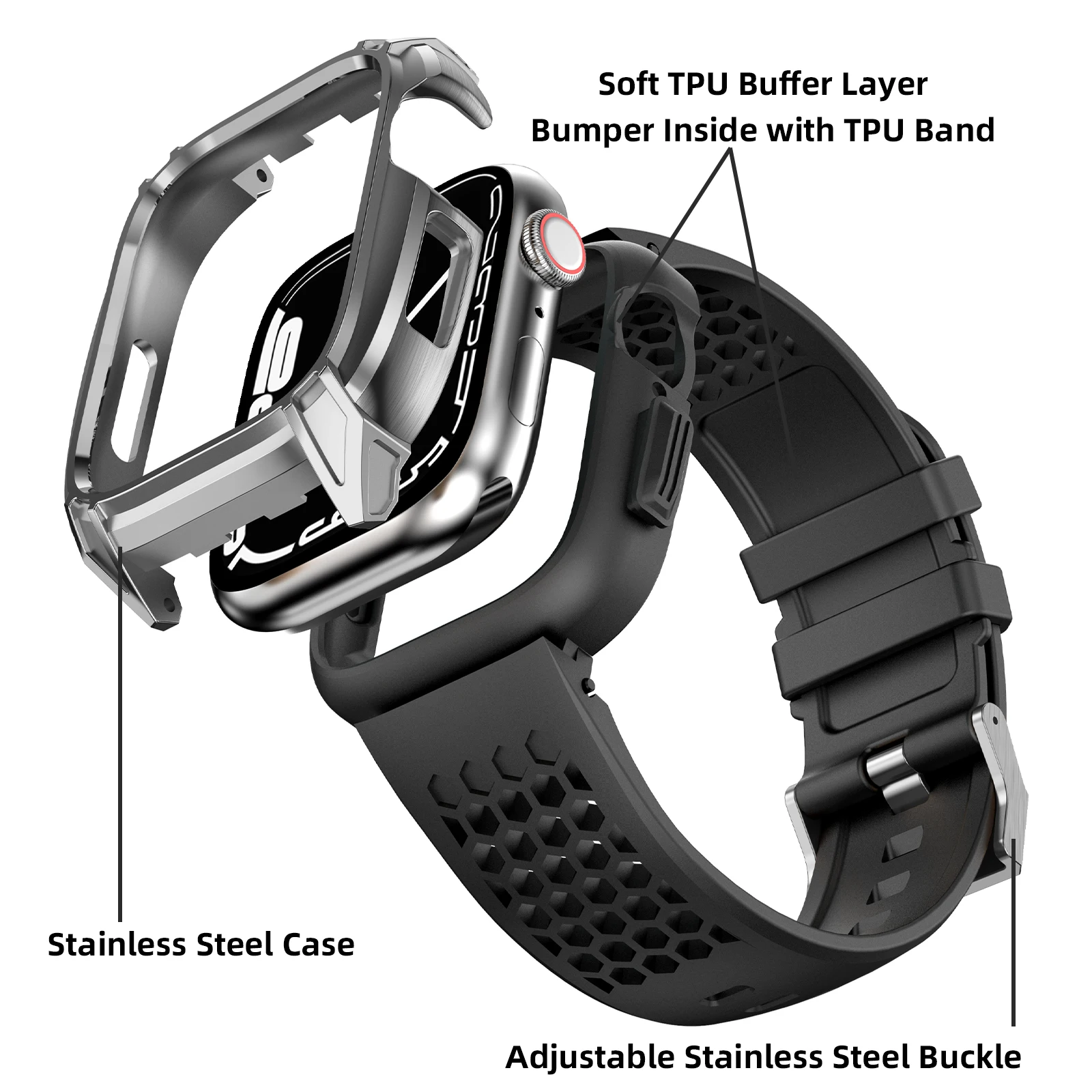 Metal Case Soft Tpu Rubber Strap for IWatch Series 7 6 5 4 3 Se Adjustable Stainless Steel Buckle for Apple Watch Band 44mm 45mm