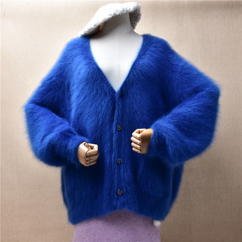 

Female Women Fall Winter Clothing Hairy Plush Mink Cashmere Knitted V-Neck Long Lantern Sleeves Loose Cardigans Jacket Sweater