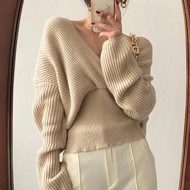 

Hikigawa Chic Fashion Women Autumn Retro V Neck Cross Design Elagant Casual Loose Pullover Short Length Knit Sweater Top Mujer