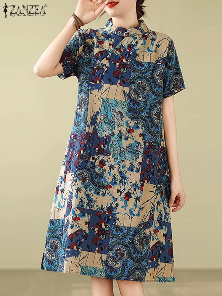 Летнее модное платье длиной до колена с коротким рукавом ZANZEA женский сарафан