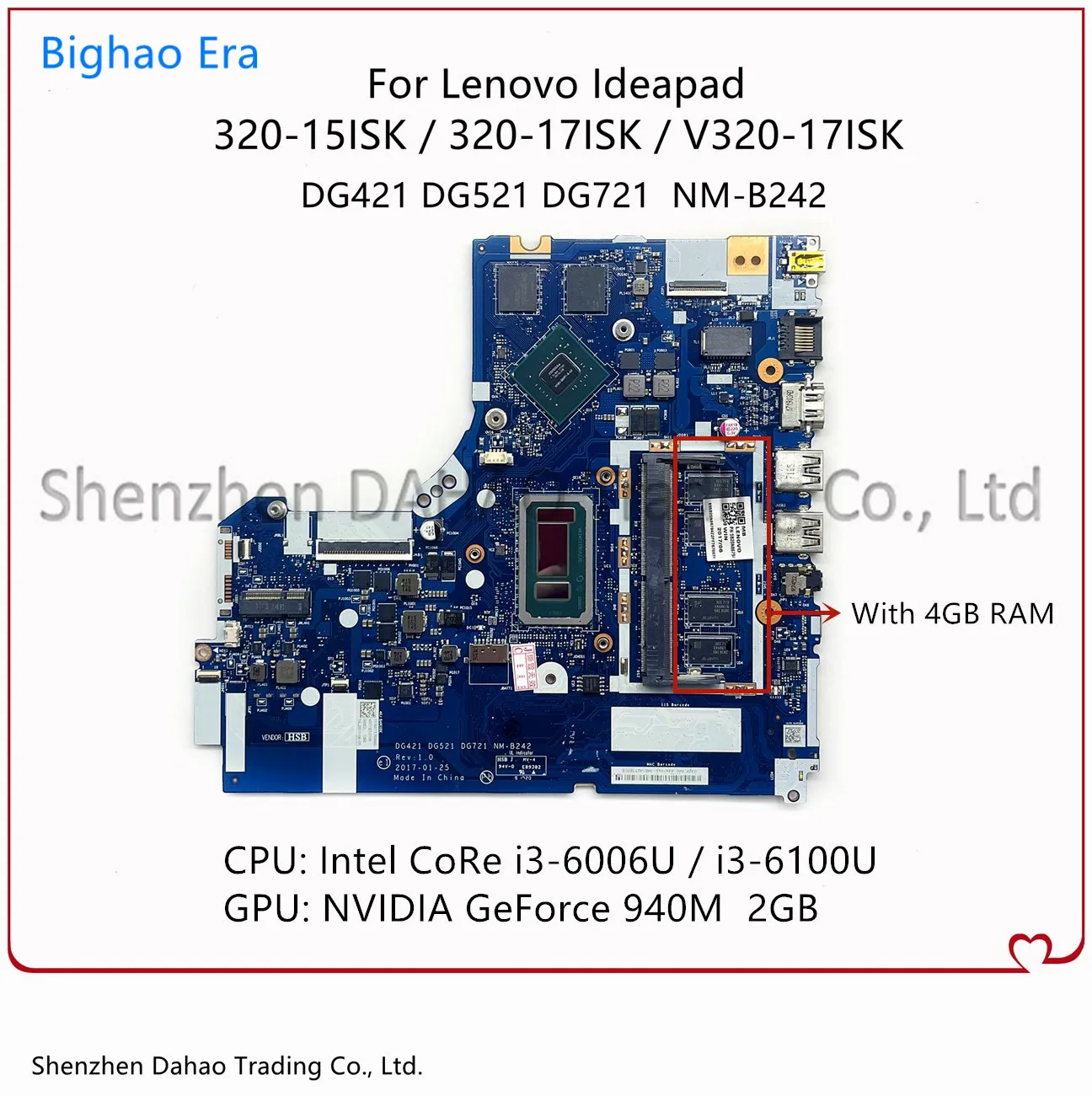 

5B20N86794 For Lenovo ideaPad 320-15ISK V320-17ISK Laptop Motherboard With i3-6006U CPU 4GB-RAM GT940M 2GB-GPU NM-B242 Mainboard