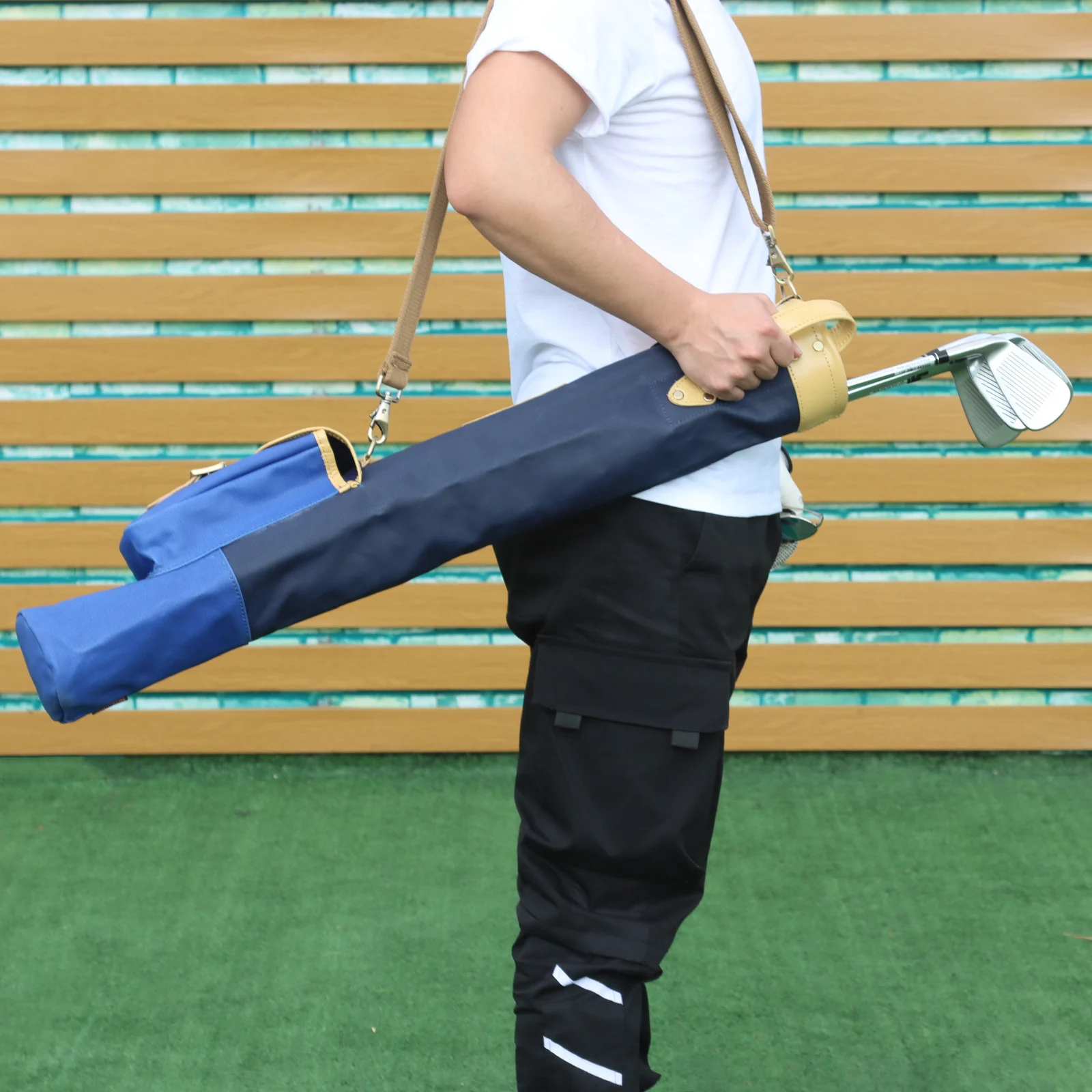 Tourbon Vintage Golf Club Bag Carrier Pencil Style Retro Blue Canvas & Leather w/Pocket Fleece Padded Golf Driving Range 79CM