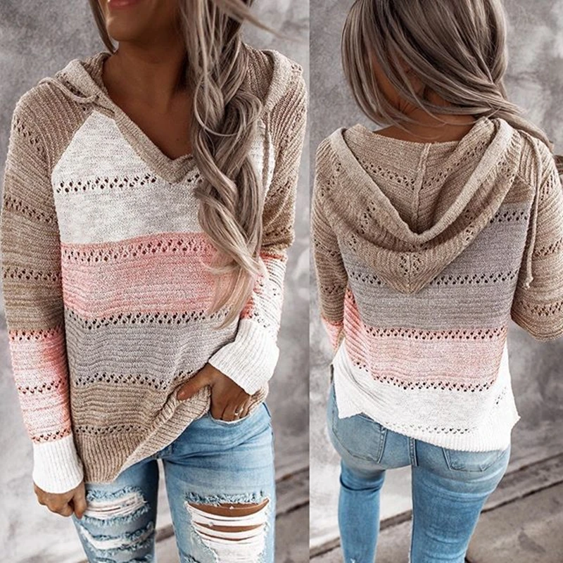 Women Sweater Patchwork Hooded Spring Summer Long Sleeve Knitted Sweater Fashion Casual Streetwear Top Elegant Female Pullover