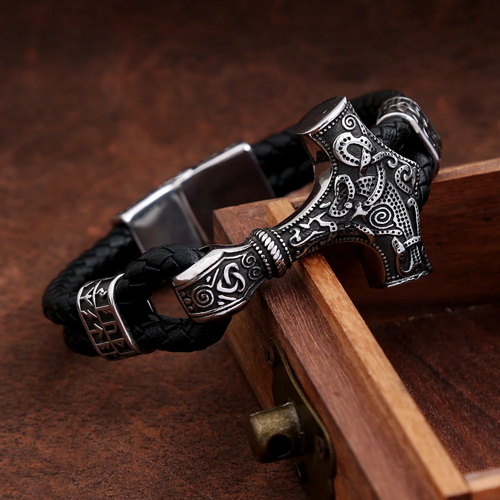 

Vintage Stainless Steel Thor Hammer Mjolnir Bracelets Bangles Mens Viking Leather Wristband Norse Mythology Runes Amulet Jewelry