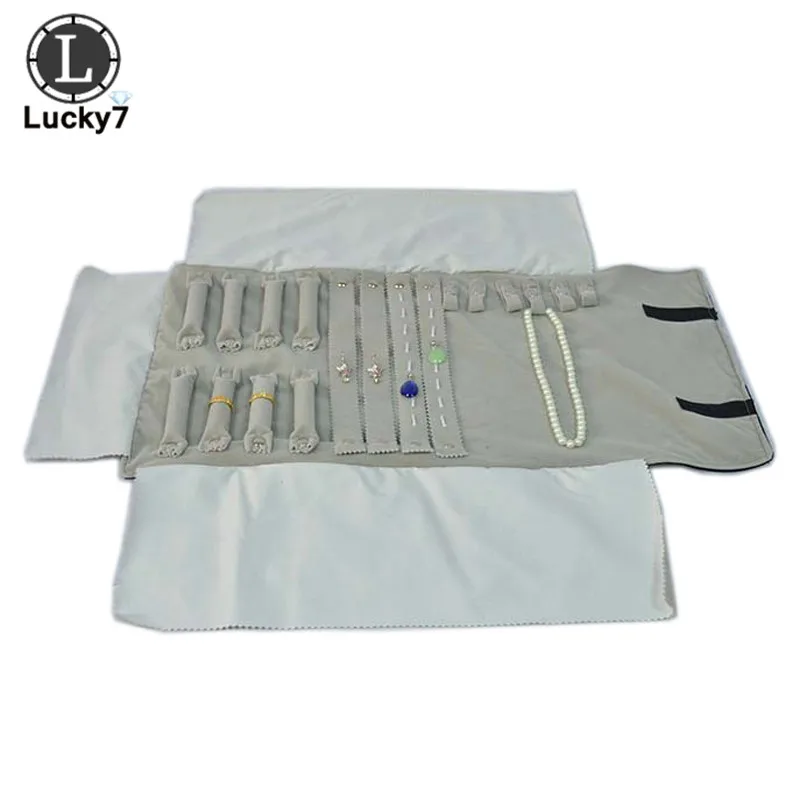 Factory Wholesale Jewelry Roll Bag Portable Case Gray Velvet Organizer Multi Functional Necklace Rings Earrings Storage Box