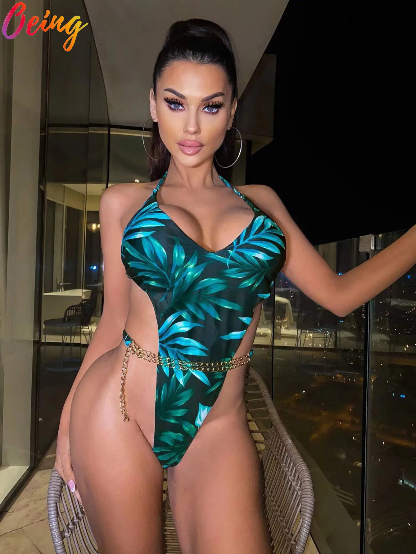 

OEING Leaves Print Chain One Piece Bikini High Waist Halter Women Bodysuit Swimming Push Up Beachwear Swimsuit Monokini 2022