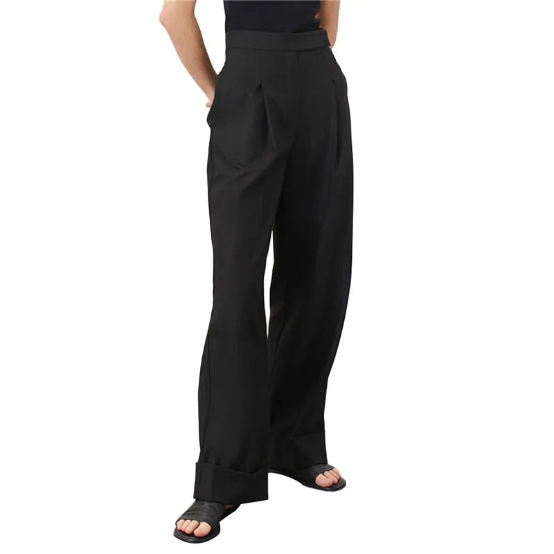 

Women's Solid Color Trousers Zipper Closure Elastic Waist Straight-Leg Wide-Leg Pants Side Pockets Office Work Long Pants