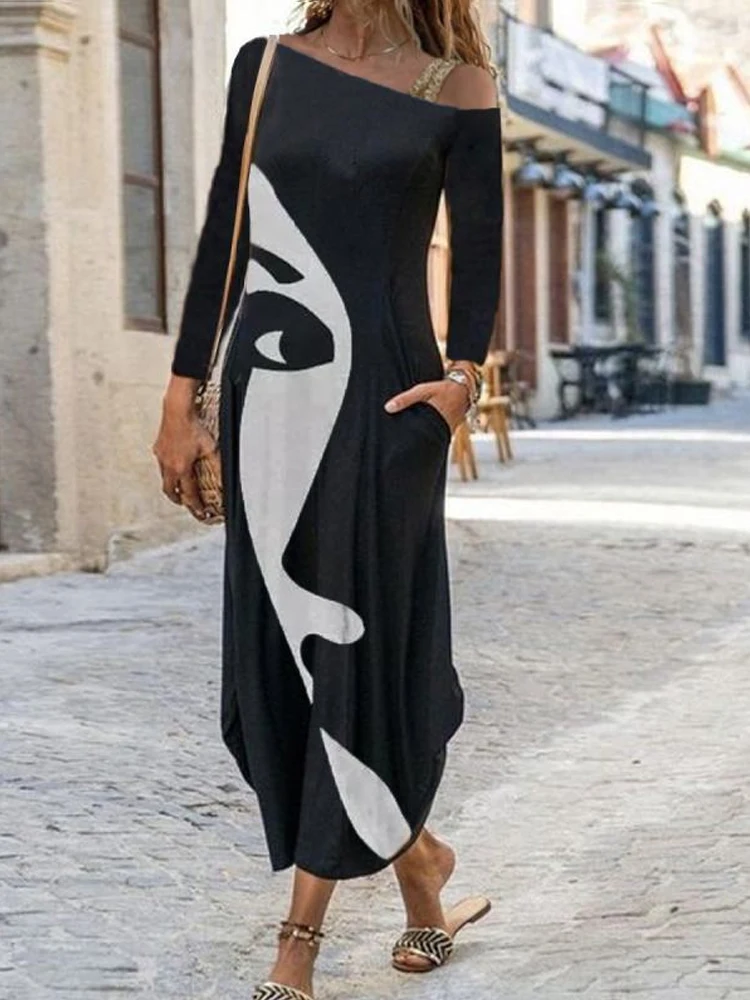 

Women Pattern Print Off Shoulder Long Dress Elegant Casual Loose Office Commuter Dress New Summer Spring Irregular Pocket Dress