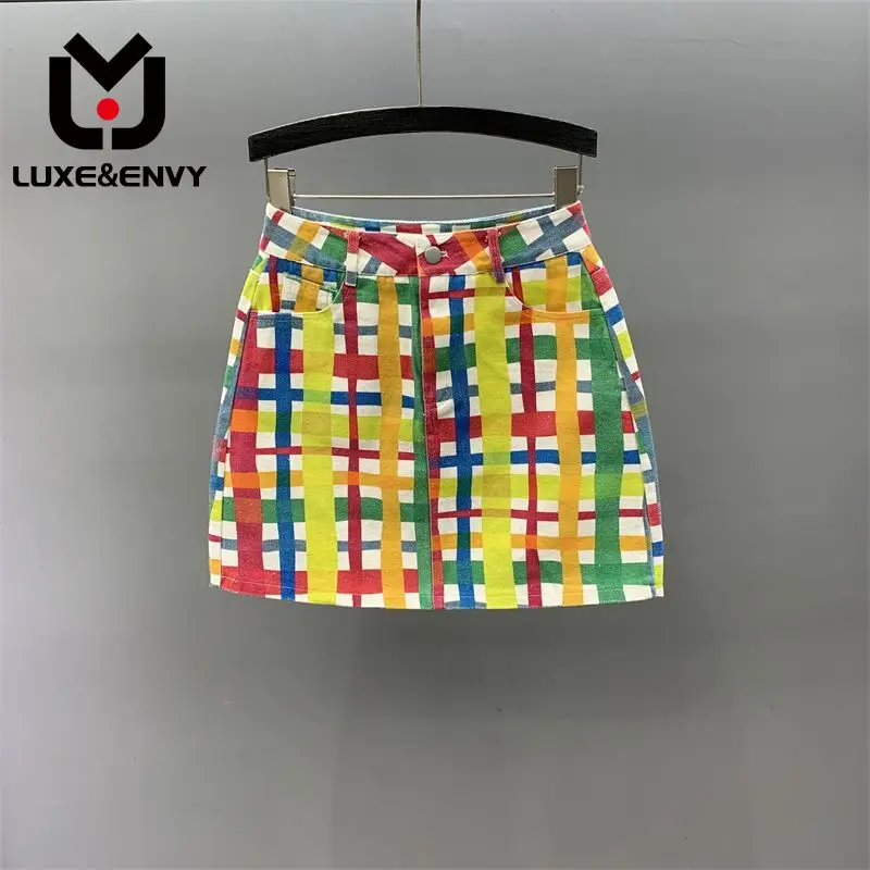 

LUXE&ENVY High Waist Denim Short Skirt For Women In 2023 Summer New Niche Plaid Print Girl A-line Buttocks Wrapped Skirt