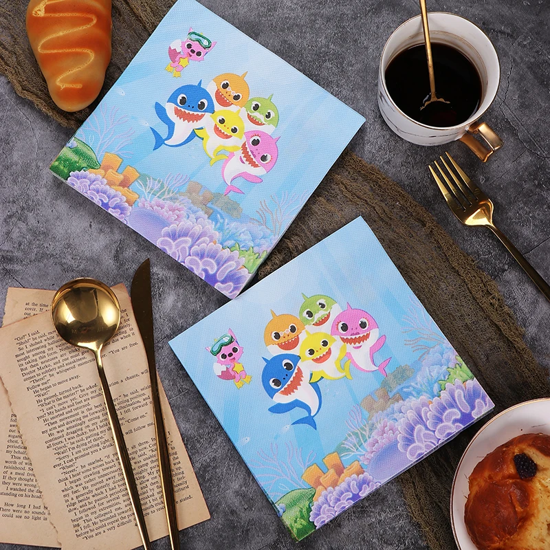 

New Blue Shark Print Paper Napkins Cartoon Birthday Party Colorful Napkins Personalized Dress Up Paper Foodgrade 2-Ply 33*33cm