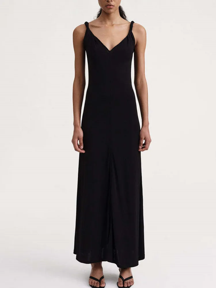 Women's V-Neck Sling Midi Dress Fashion 2023 Summer New Solid Color Twist Knot Spaghetti Strap Dress Lady A-Line Robe