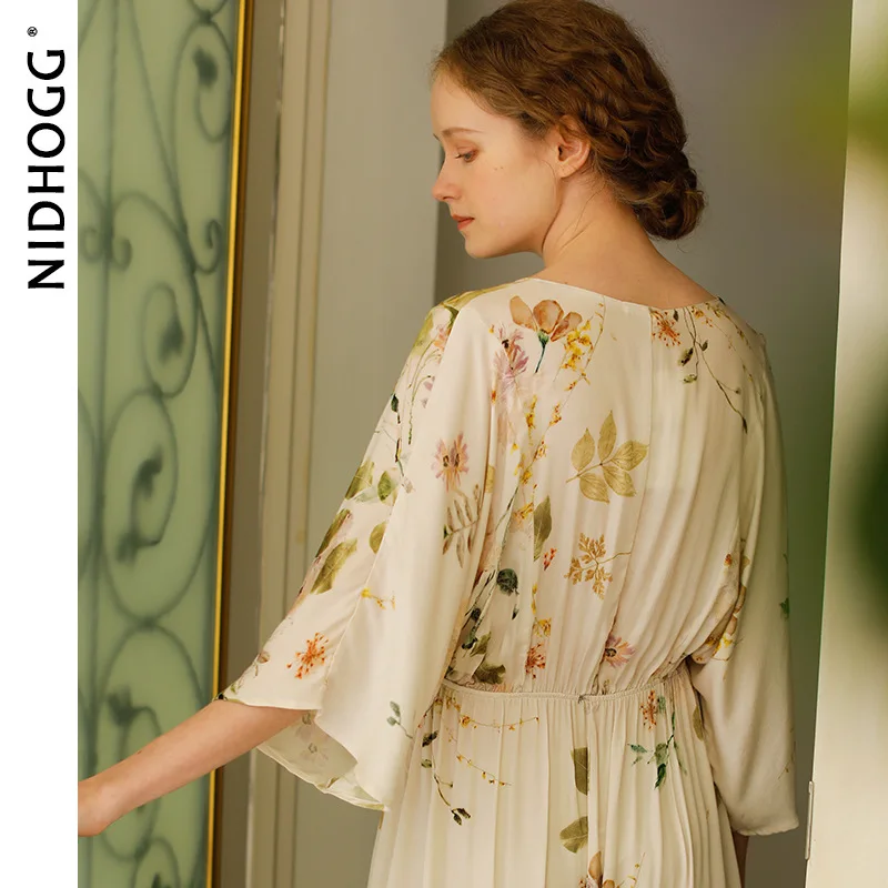 2022 Summer Lady Nightgown V-neck Elegant Rose Printed Satin Women Sexy Sleepwear Night Dresses for Party Nighty Sleep Dress