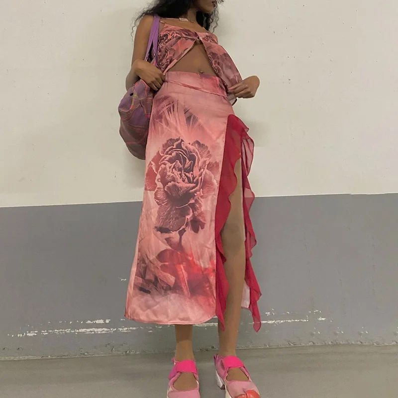 

hirigin Vintage Women Summer Long Maxi Skirts 2022 Y2K Floral Print Casual Low Waist Irregular High Side Split Skirt Summer Club