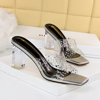bigtree fashion pvc transparent rhinestones women pumps sexy clear perspex crystal thick heel slippers shallow peep toe sandals