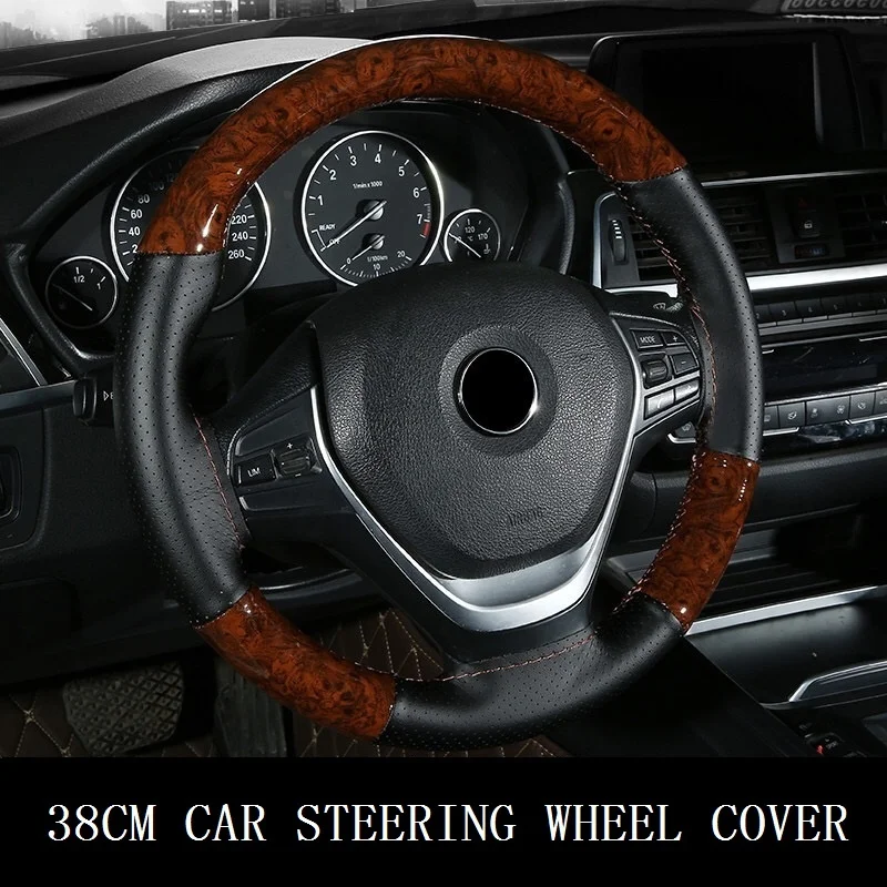 

38CM Wooden Pattern Steering Wheel Cover Universal Braiding Leather Car Wheel Cover Sports Style Covers For Steering Wheel