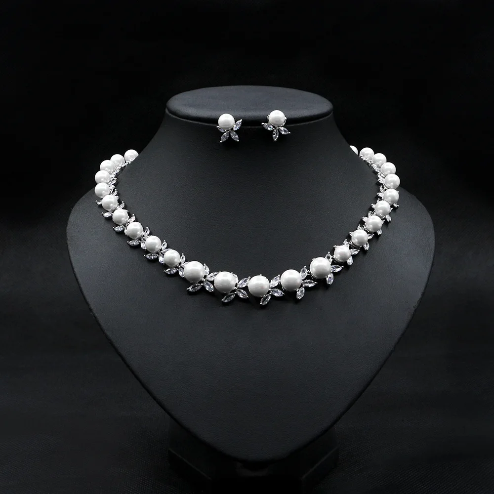 

Luxury Pearl Cubic Zirconia Jewelry Set Geometric Necklace Elegant Women's Sets for Wedding Party Accessories
