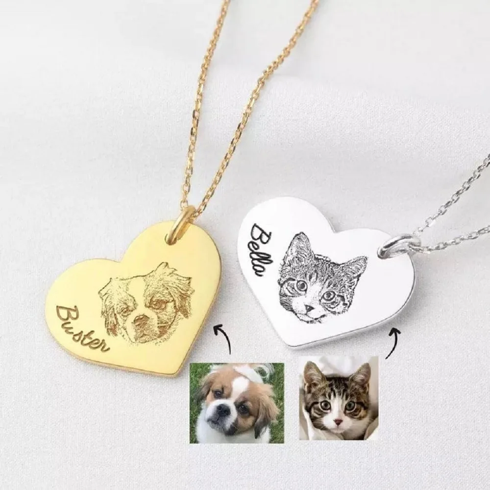 

Heart-shaped Pet Photo Necklace Engraved Name Pendant Personalized Portrait Animal Image Charm Memorial Jewelry Gifts For Women