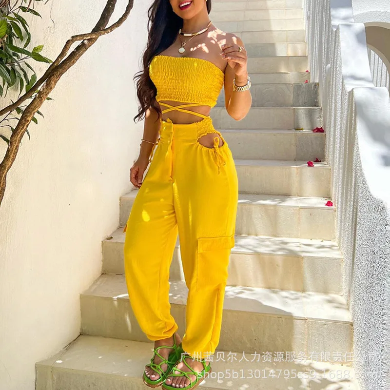 

2023 New Wrapped Chest Lace up Workwear Long Trouser Pocket Denim Blue Lace Up Waist Set