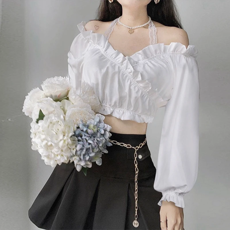 

ASDS-Women Top Sexy Blouse Off Shoulder Top Long Sleeve Club Party White Shirt Puff Sleeve Ruffle Tunic Crop Top Summer Top