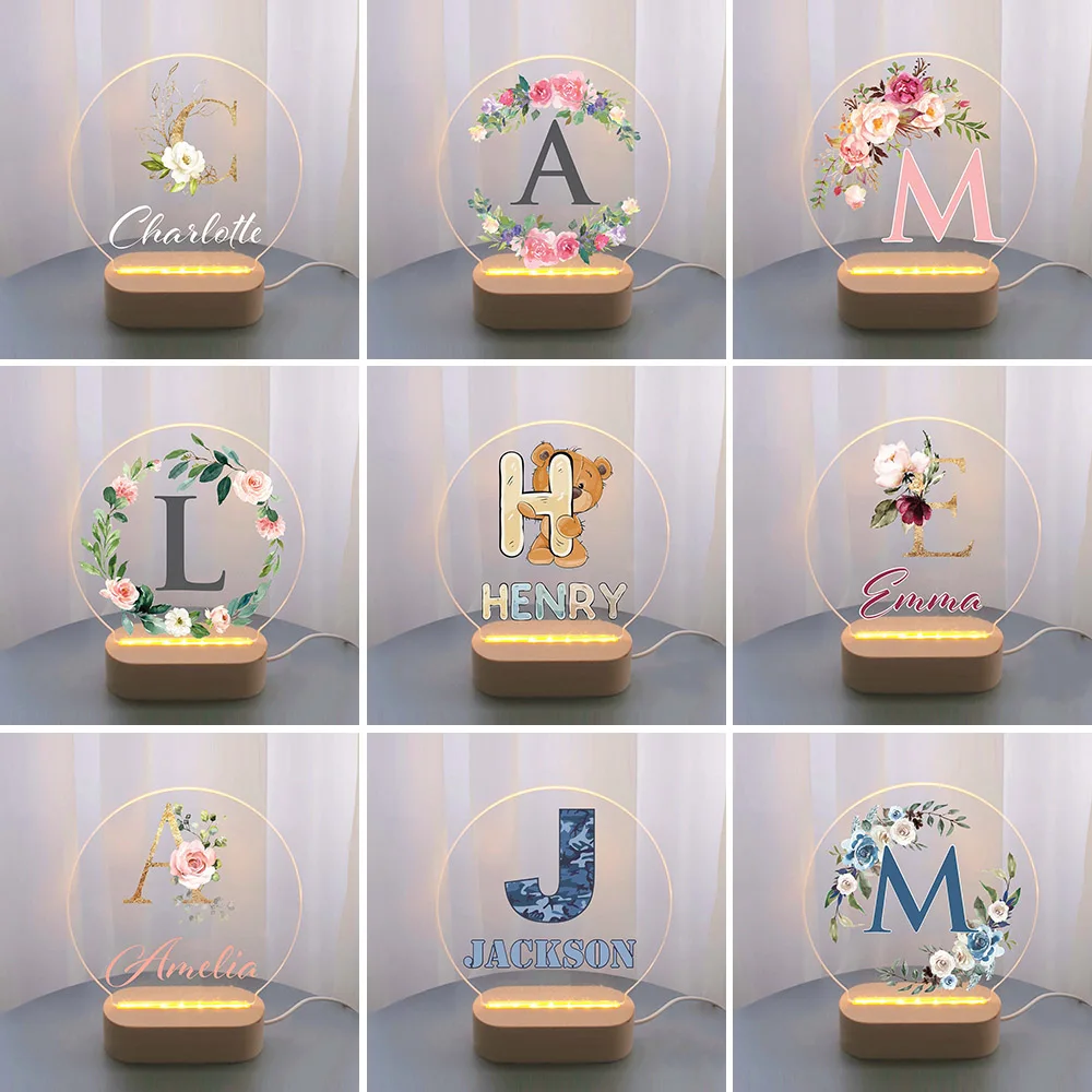 Personalized Baby Letter Flower LED USB 7 Colors Night Light Veilleuse Bébé Custom Name Acrylic Lamp For Kids Children Bedroom