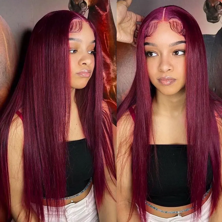 Парик без клея из человеческих волос готовый к использованию бордовые прямые