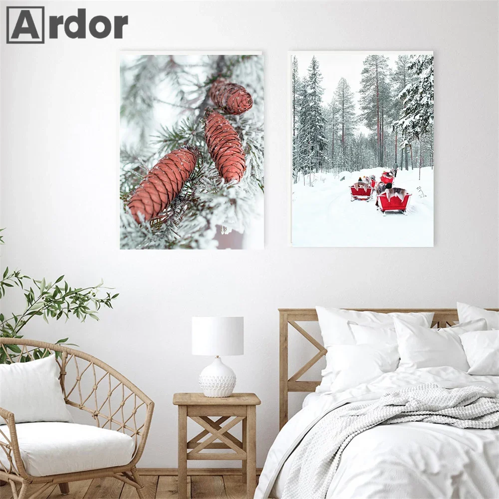 Рождественская елка постеры сосна автомобиль Картина на холсте зимний Снежный
