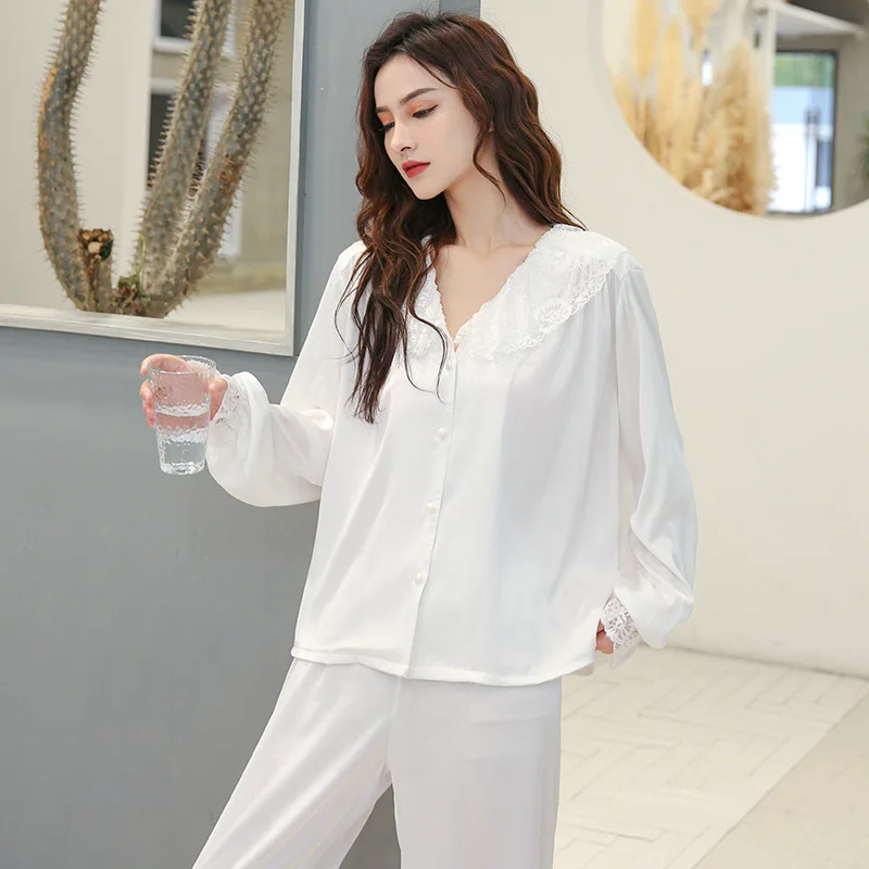 

FZSLCYIYI Summer Sexy Lace Trim Silk Satin Long Sleeve Shirt Pants Pajama Set Sleepwear Bridesmaid Wedding Nightwear Homewear