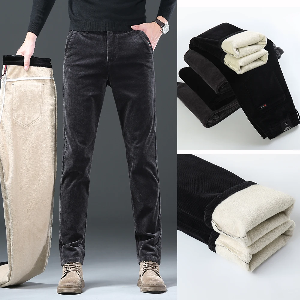 Мужские повседневные утепленные брюки темно-синие вельветовые деловые с