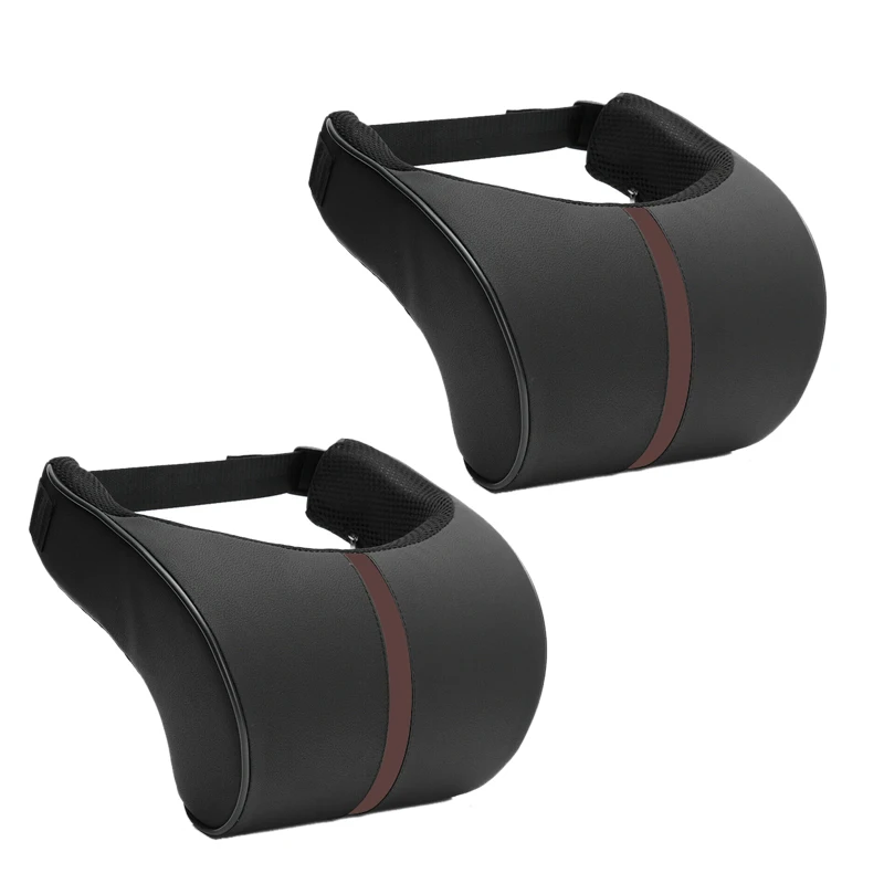 

2Pcs Car Inner Front Rear Memory Foam Car Seat Headrest Head Neck Rest Support Pad Pillow Cushion Black with Brown Stripe