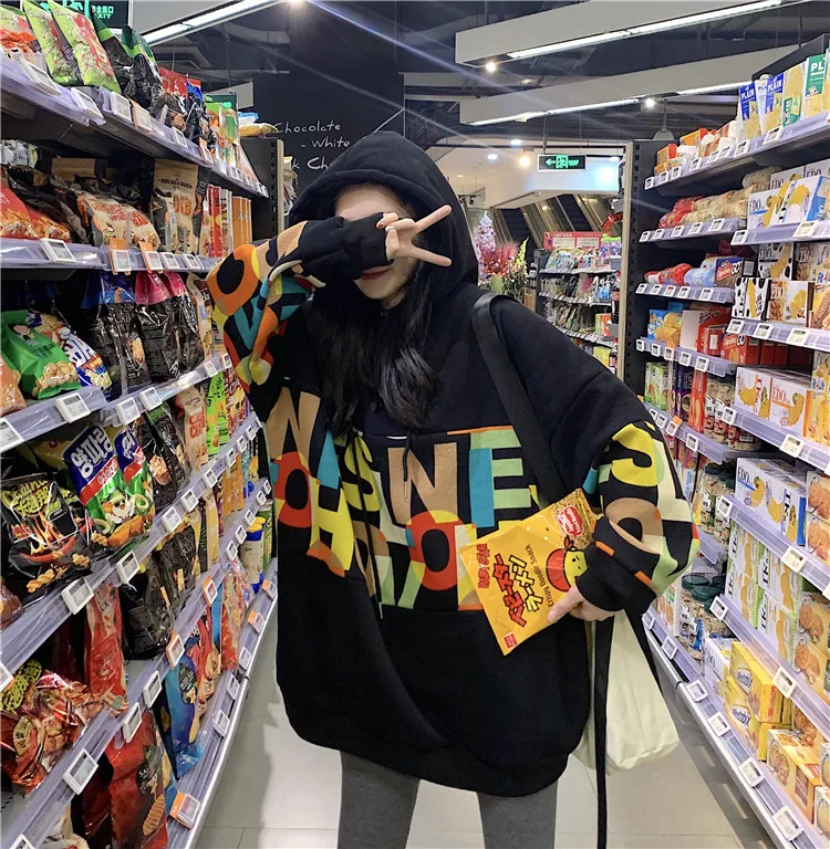 

Женский свитшот с капюшоном, Свободный свитшот с длинным рукавом и мультяшным принтом, Корейская версия на осень 5826