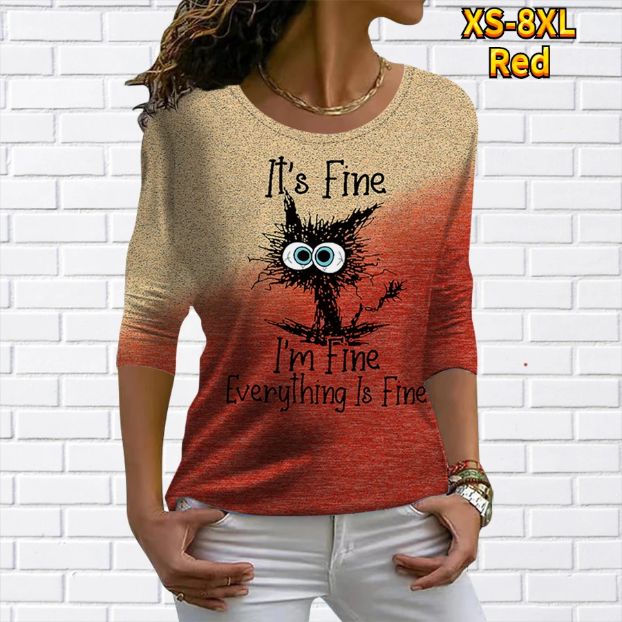 

Женская футболка на весну и осень, Модный пуловер с мультяшным принтом кота, топы, Женская Повседневная Свободная футболка с круглым вырезо...