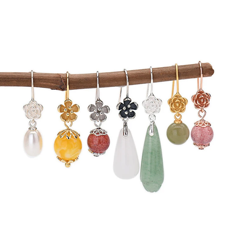 S925 Sterling Silver Ear Hooks Thai Silver Flower Ear Hooks Ancient Gold Earrings Semi-Finished Crystal Diy Earrings Accessories