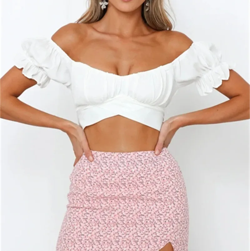

2022 New Women's Floral Print Blouses Short Sleeve Summer Slash Neck Sexy Sweet Pleated Tops