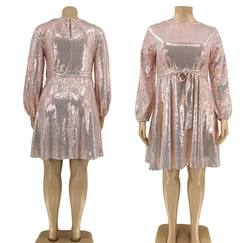 Plus Size Dress Evening Party Dresses for Women O-Neck Long Sleeve Dresses for Women  Slim Fit  Above Knee Mini Sequin Ball Gown