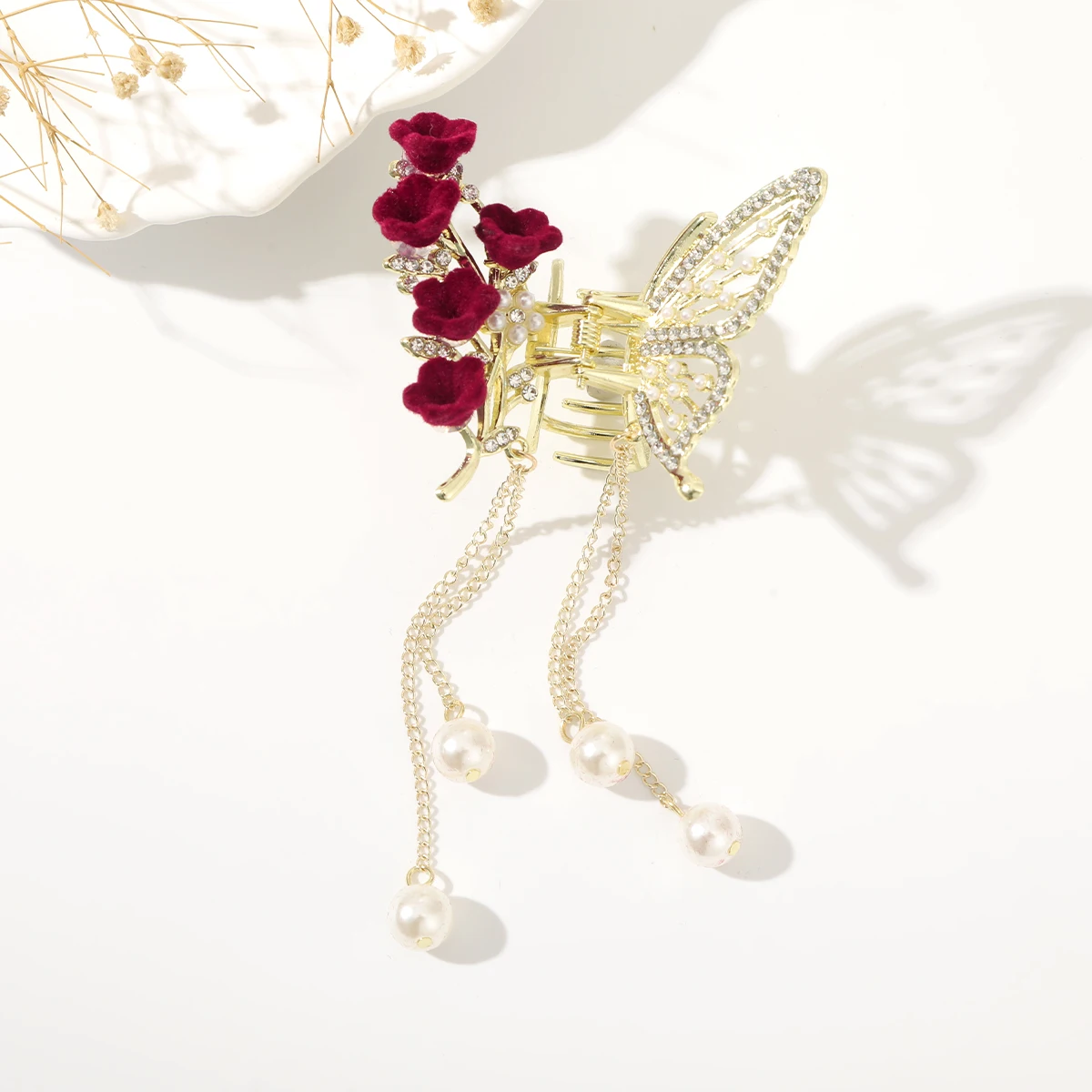 Модная заколка для волос с бабочкой и кисточкой жемчугом Красные Цветочные