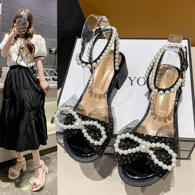 

Bow-knot mesh fashion sandals women's 2022 summer new Korean version fairy wind pearl wrapping high-heeled sandals