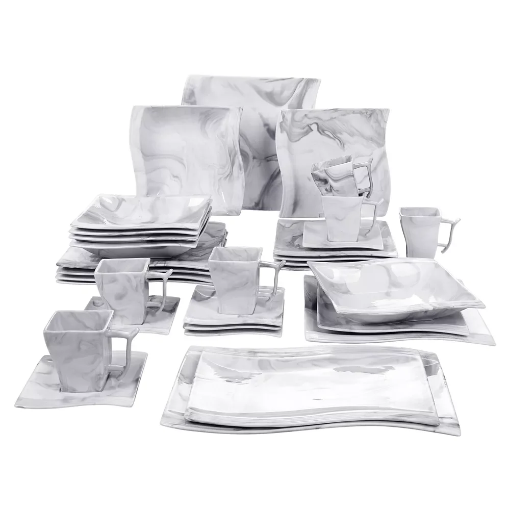 

32-Piece Marble Grey Porcelain Dinner Set with 6*Dinner&Dessert&Soup Plate,Cups&Saucers and 2*Rectangular Plate